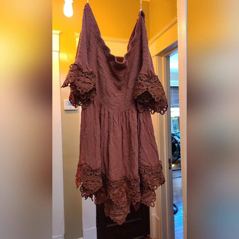 Burnt Orange crotchet trim off shoulder top